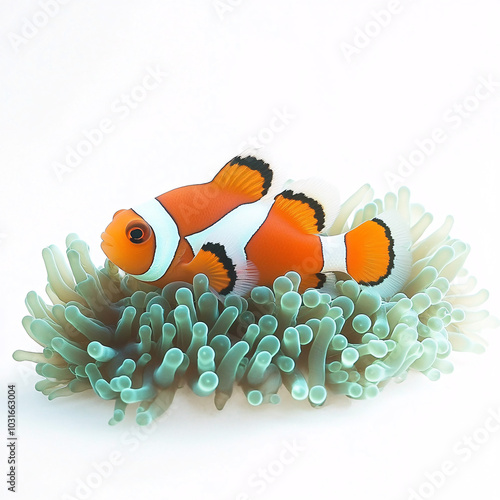 vibrant orange and white clownfish hiding in green sea anemone on a white background