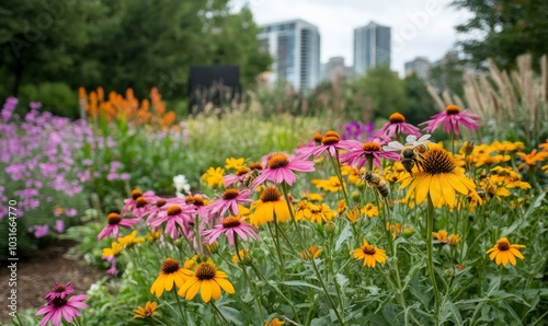 Urban garden buzzing with activity as bees pollinate flowers amidst the city , the growing trend of beekeeping in urban environments, Generative AI