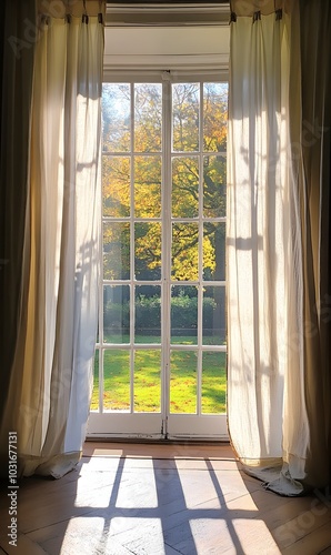 40. A large window with sheer curtains letting in sunlight