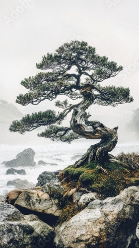 Symbolizing resilience and natural beauty, an ancient bonsai tree displays graceful growth by the sea in a misty landscape