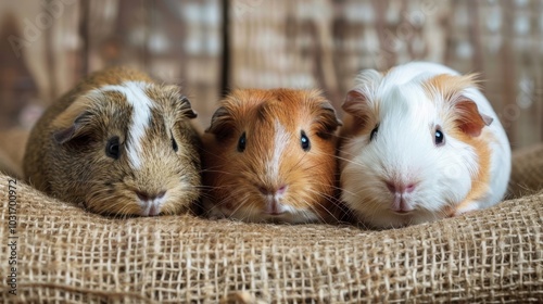 Three Adorable Guinea Pigs Resting on Burlap Fabric