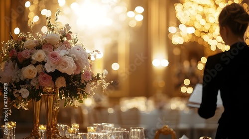 Elegant Wedding Planner Coordinating Final Touches for Lavish Ballroom Reception