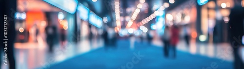 Creative abstract business exhibition background, shot showing blurred lights and crowd on blue carpet, perfect for advertising and marketing, showing lively atmosphere of corporate event 