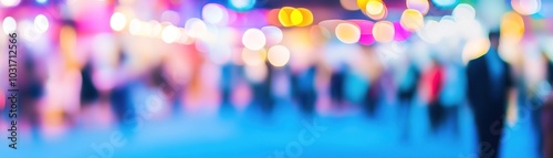 Creative abstract business exhibition background, shot showing blurred lights and crowd on blue carpet, perfect for advertising and marketing, showing lively atmosphere of corporate event 