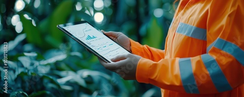 Environmental scientist analyzing data on a tablet in a natural setting for sustainable solutions.