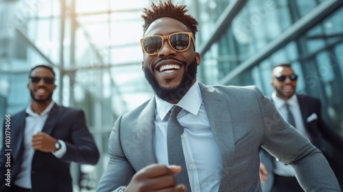 A confident businessman with sunglasses beams a charming smile standing in front of a modern glass building, exuding professionalism and charisma in his suit.