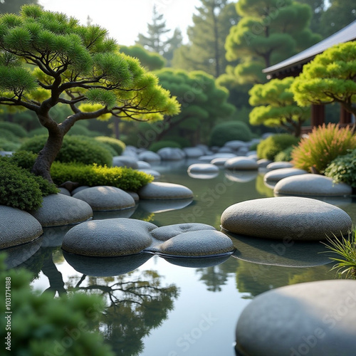 Espacio zen río en calma con piedras redondeadas árboles bonsai y una pequeña construcción de madera