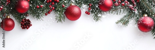 Long Christmas banner with red ornaments and fir branches on white background. Seasonal decor. Banner.