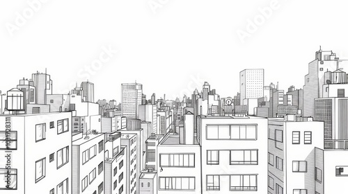 Detailed city skyline illustration depicting urban buildings and architecture against a minimalist background