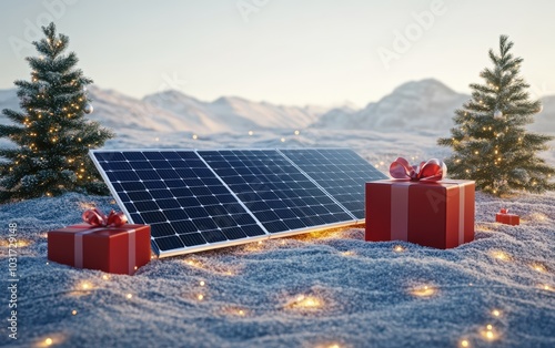 solar panel in winter. Christmas gifts and solar panels