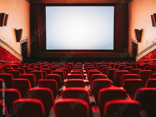 An empty movie theater with rows of red velvet chairs facing a large glowing screen, evoking the excitement of watching a film