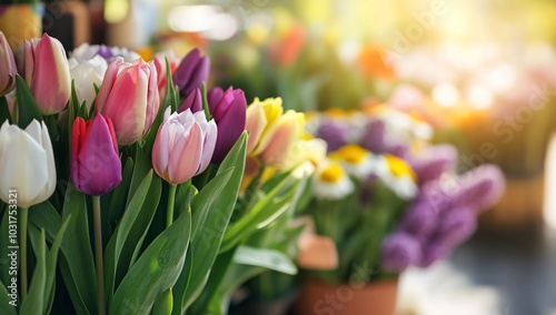 A vibrant display of colorful tulips in a flower market.