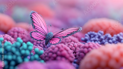 Bacterium with Colorful Cell Filled Landscape and Fluttering Wings