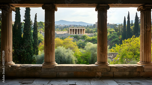 The Acropolis framed by the columns of the Stoa of Attalos in the Ancient Agora offering a layered view of Athenian history.