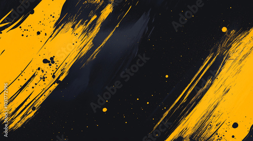 A dynamic abstract black and yellow background with brush strokes. AI generation.