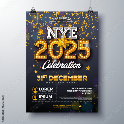 Happy New Year 2025 Party Celebration Poster Template Illustration with Glowing Light Bulb Billboard Number on Black Background. Vector New Year Eve Holiday Design. Premium Invitation Flyer or Promo