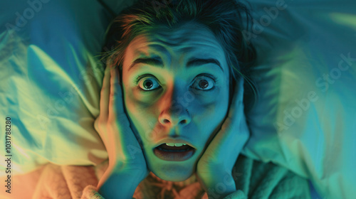 A woman in bed has her hands on her head, making a scary face