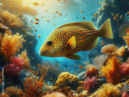 Gold-spotted rabbitfish swimming gracefully among vibrant coral reefs, highlighting its unique golden and black-spotted pattern on the body