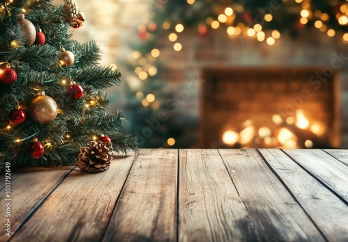 A wooden table with a Christmas tree and fireplace behind it