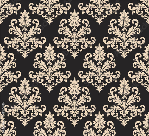 Antique damask style vintage seamless ornament in beige and black featuring symmetrical floral motifs. Seamless damask pattern.