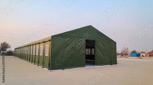 Military Green Tent: A sturdy, military-grade tent, offering a practical and reliable temporary shelter solution for outdoor events, emergency response, or military operations.