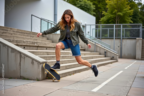 A female skateboarder executing a mid-air kickflip over a set of stairs, her style and confidence shining as she lands perfectly.