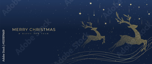 Luxury Christmas and happy new year holiday background vector. Gold winter reindeer, glittering Christmas tree, snowflakes on dark background. Design for card, greeting, wallpaper, banner.