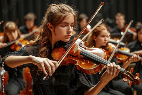 A young violinist performs passionately during an orchestral concert in a grand hall filled with musicians