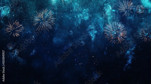 Fireworks explode in the rustic dark blue sky, capturing the spirit of New Year 2025 in this panoramic party banner