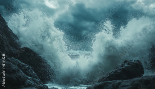 a stormy ocean wave crashing against rocks