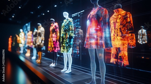 Fashion design process involving AI and algorithms generating clothing concepts on a digital screen