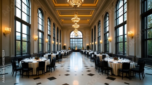 A fundraising gala set in a historic venue with large windows and chandeliers, guests enjoying a seated dinner while an auctioneer takes bids for exclusive items on stage 