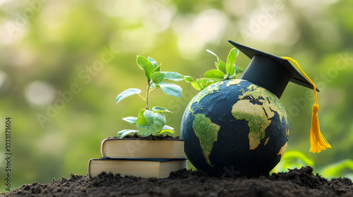 Eco education concept, sustainable learning for a greener planet, earth model with graduation cap, plant growth, environmental education, books, knowledge, and nature