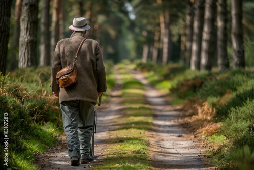 An elderly man walks along a peaceful forest path surrounded by trees and underbrush on a sunny day