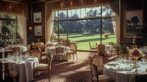 A posh 1980s country club dining hall with opulent decor