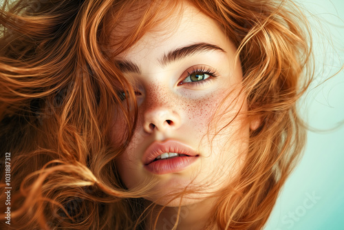 A woman with long red hair and freckles on her face