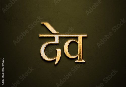 Old gold text effect of Hindi name Dev with 3D glossy style Mockup in Hindi.