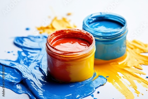 Open Jars of paint, one blue and one with a yellow base and a red top, sitting on a white surface with spills of blue and yellow paint.