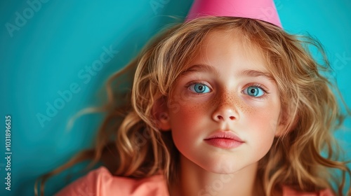 A young girl with blue eyes and freckles lies against a turquoise background, wearing a pink party hat. Her expression is thoughtful and slightly serene.