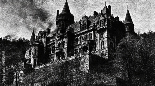 Castillo de Drácula encantado vintage blanco y negro