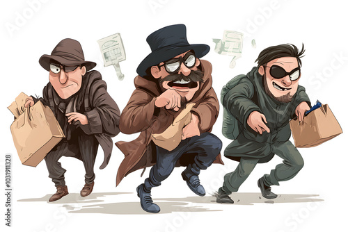 Cartoon illustration of sneaky thieves in various disguises, humorously sneaking with stolen goods, ideal for concepts of crime, mystery, deception, and humorous heist scenes