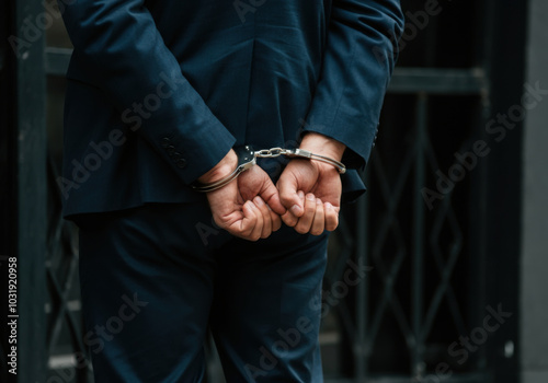 Businessman in handcuffs standing outdoors, arrested in a suit in an urban setting during daylight