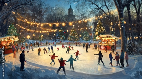 Illustration of a holiday ice skating rink set in a snowy park, with people of all ages gliding across the ice, some holding hands or laughing as they fall