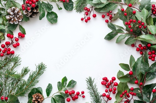 Festive holiday card surrounded by evergreen branches and red berries on a light background