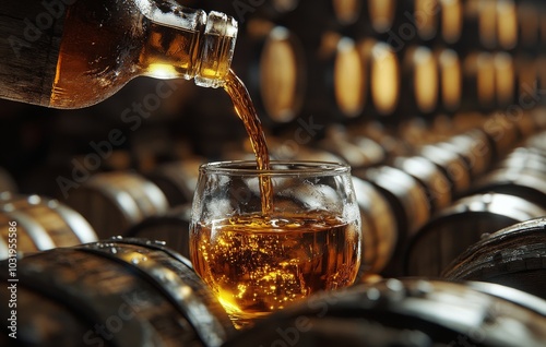 Pouring golden whiskey into a glass from a bottle in a rustic distillery setting