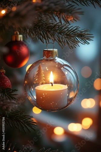 A beautifully lit candle inside a glass ornament hanging on a festive Christmas tree