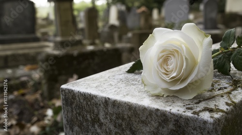 Solemn White Rose on Tombstone - A symbol of purity and remembrance resting on a gravestone.