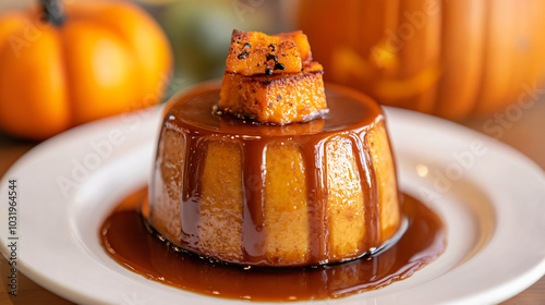 A frightfully good pumpkin flan topped with a spooky caramel drizzle.