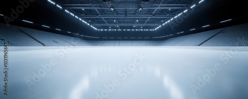 Large, empty ice rink, arena with smooth, white ice, illuminated by bright lights overhead.