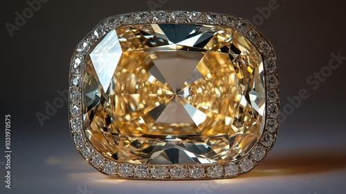 A stunning yellow diamond ring glimmers under soft light, showcasing intricate craftsmanship and luxurious design at a jewelers’ display